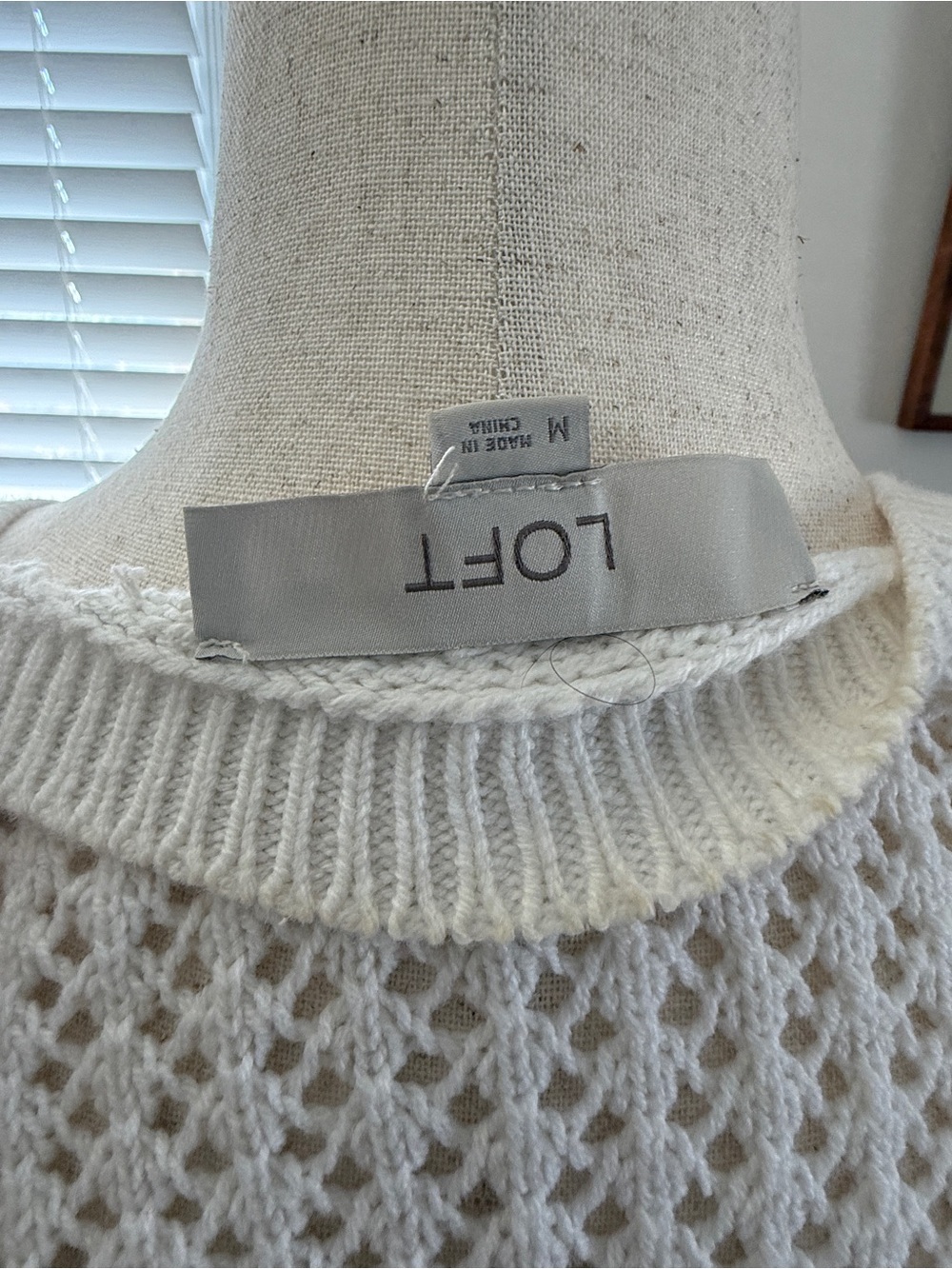 LOFT Ivory Open-Knit Lace top with Ribbed Neck - Picture 3 of 4